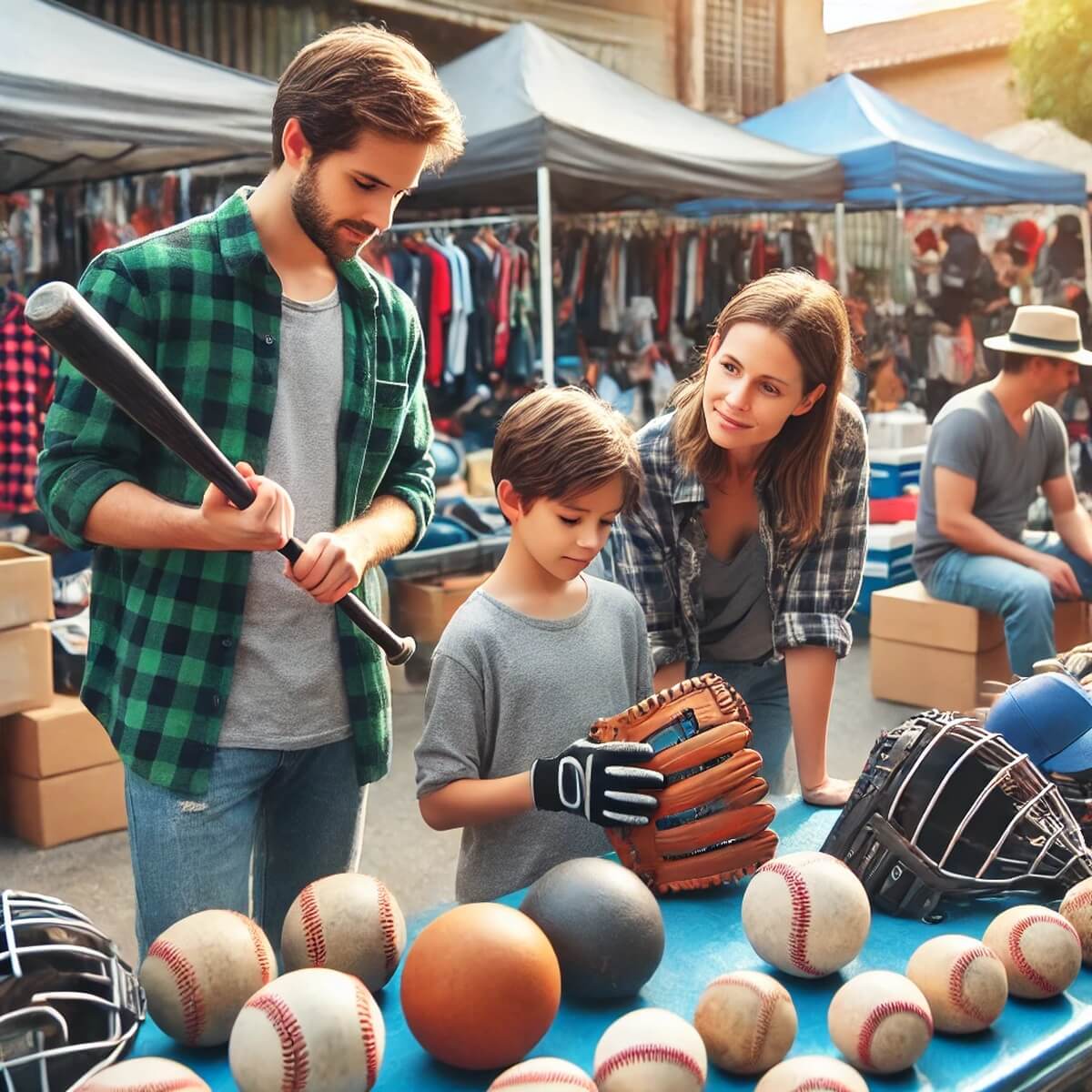 부모와 아이가 중고 야구용품을 둘러보는 장면
