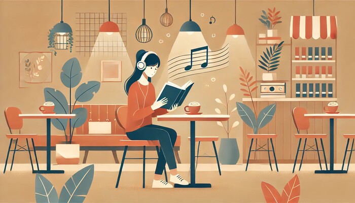 편안한 카페에서 음악을 들으며 책을 읽는 여자의 모습