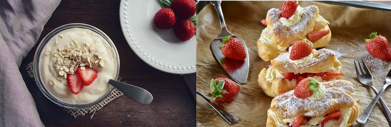 왼쪽-요거트에-담긴-딸기와-오른쪽-딸기가-들어간-파이