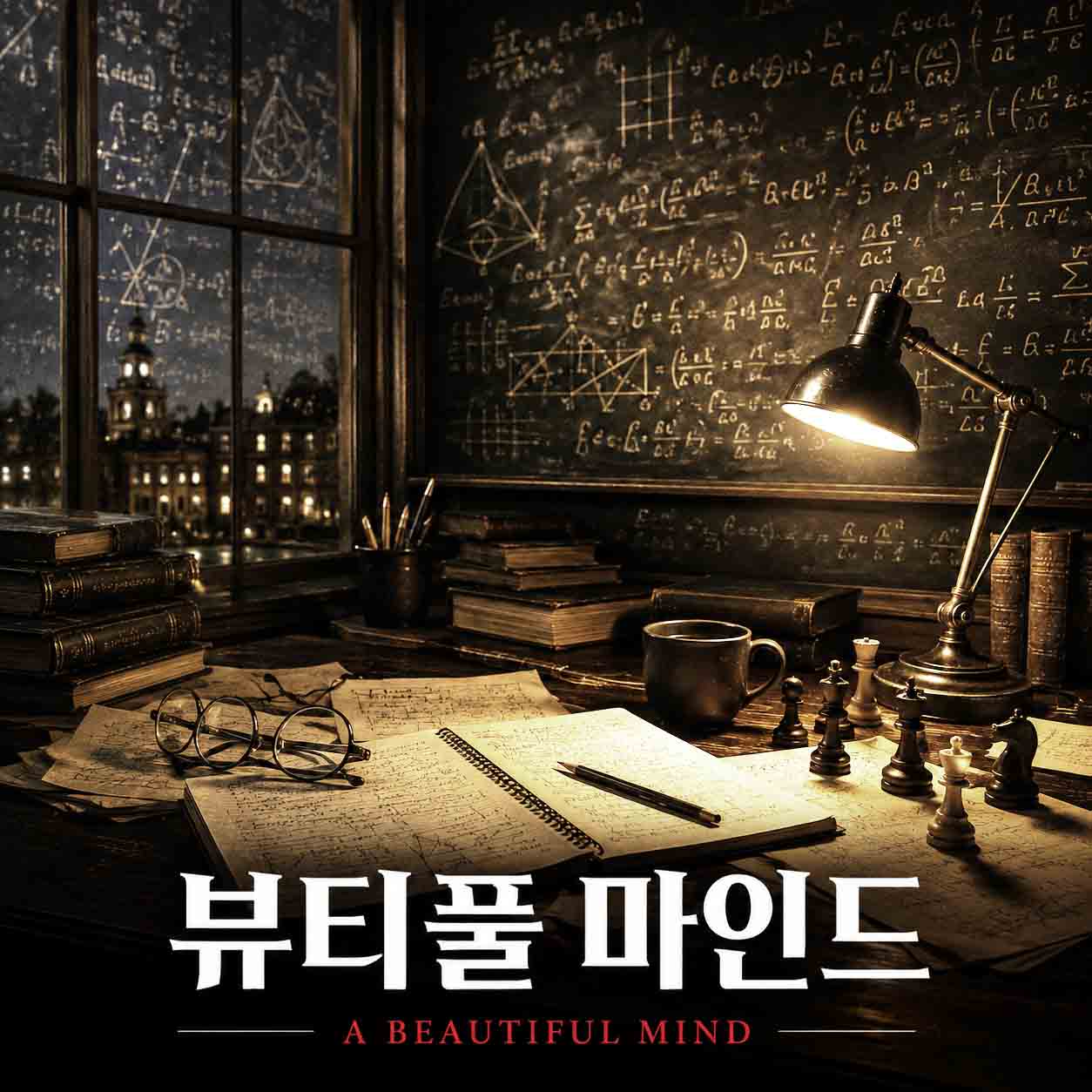 뷰티풀 마인드 영화를 나타내는 이미지, 수학 공식이 가득한 칠판과 밤의 대학 연구실을 배경으로 책상 위에 수학 노트와 안경, 체스 말과 책이 놓여 있는 장면