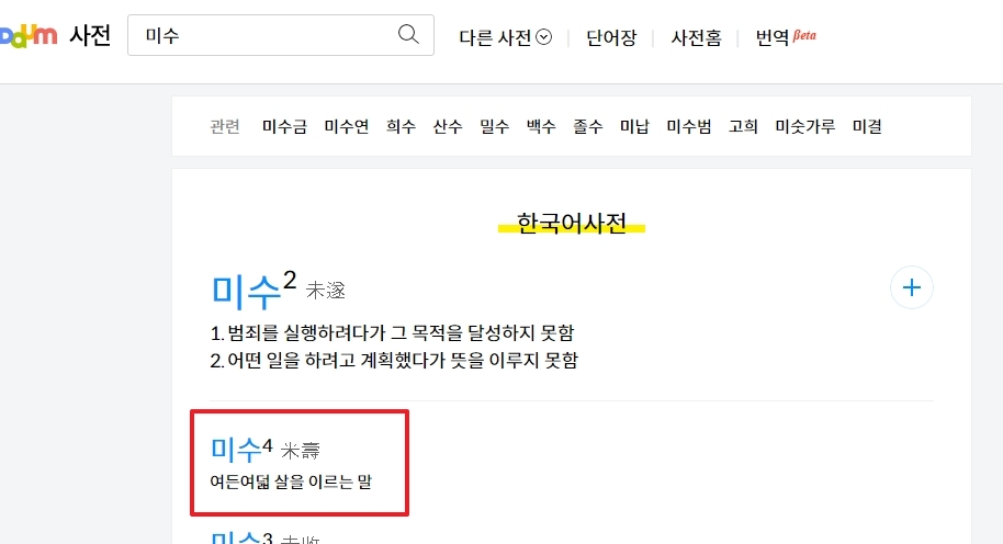 검색창에 미수를 입력하여 88세를 뜻하는 사전적 의미를 확인하는 화면
