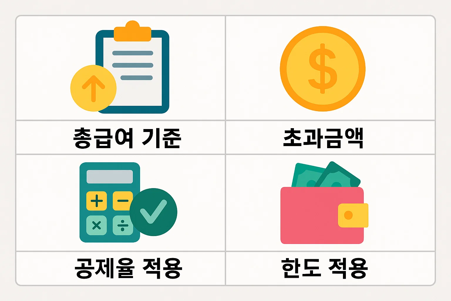 총급여 산정 &rarr; 초과금액 계산 &rarr; 공제율 적용 &rarr; 한도 반영의 4단계를 순서대로 정리한 카드공제 계산 흐름 요약 인포그래픽입니다.