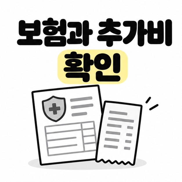 보험과 추가비를 확인하자는 문구와 보험 서류, 비용 명세서 그림