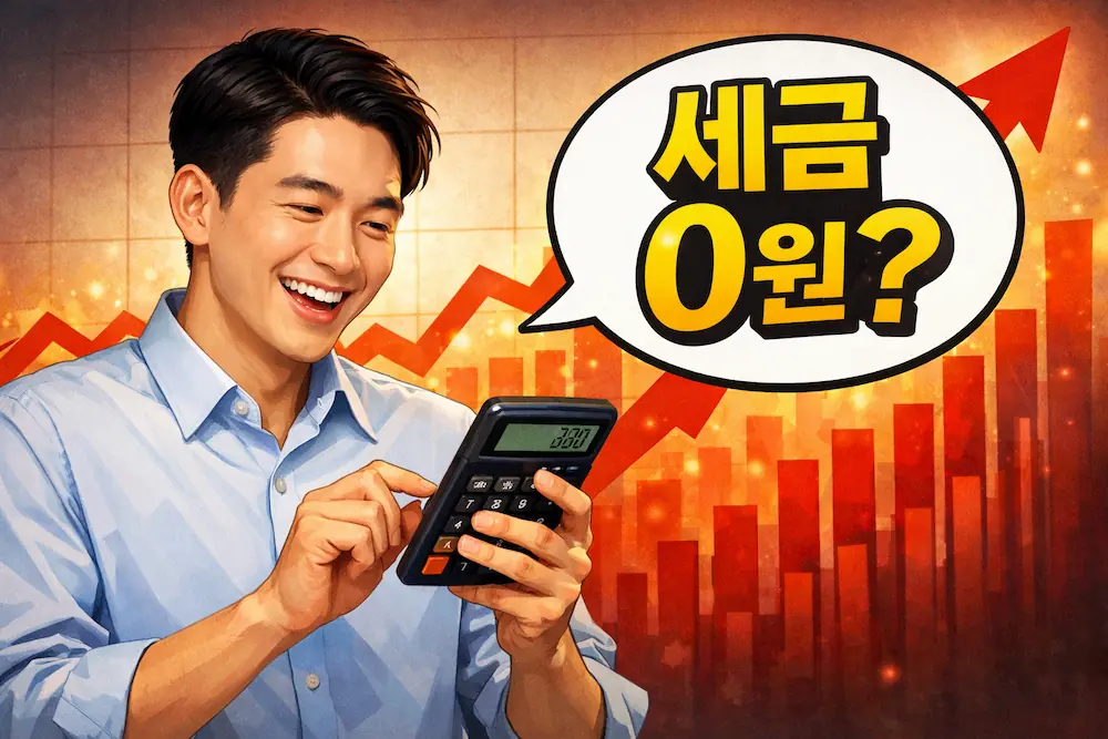 코스피 ETF 세금 계산을 하며 기뻐하는 투자자 일러스트