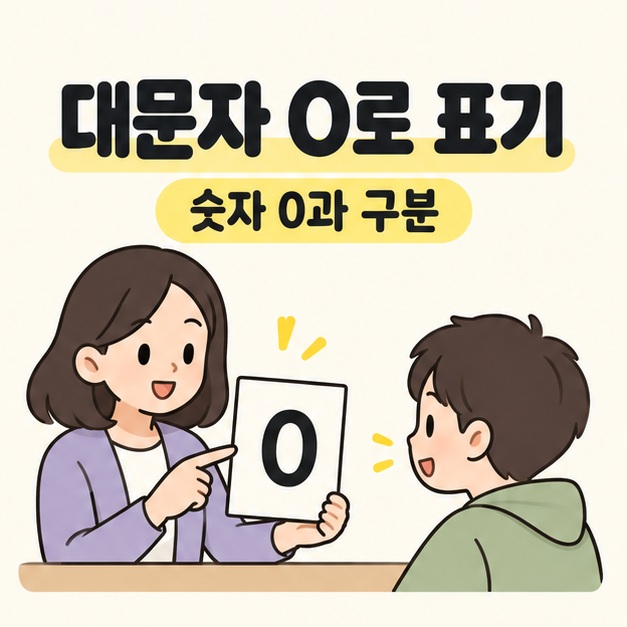 대문자 O로 표기 문구 아래 교사가 대문자 O 학습 카드를 학생에게 보여주는 모습