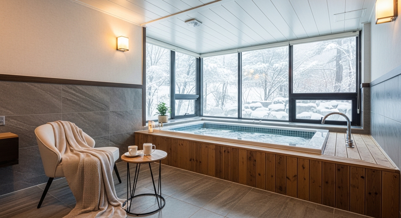 눈 덮인 풍경이 보이는 강원도 온천 리조트의 개인 자쿠지 객실.