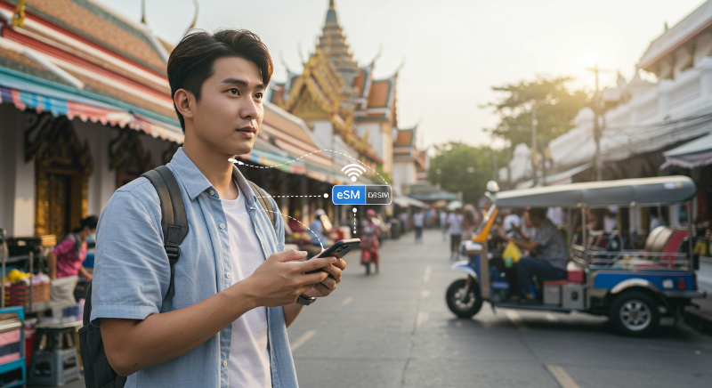 태국의 활기찬 배경에서 스마트폰으로 eSIM 데이터를 사용하는 여행자.