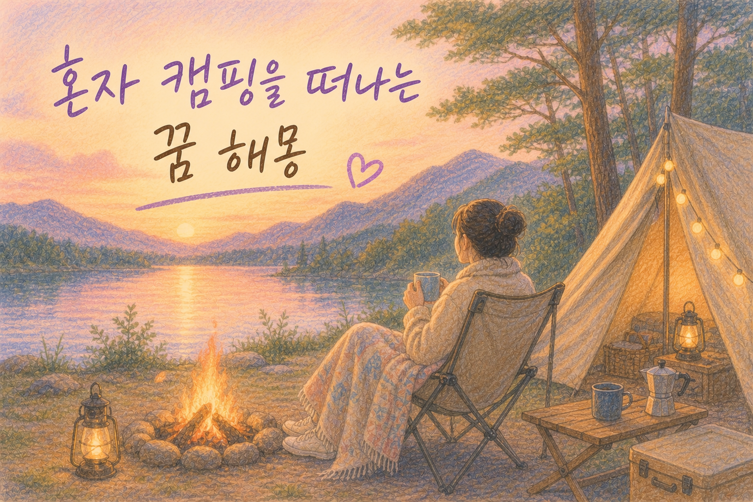 자연 속에서 혼자 캠핑하며 쉬는 따뜻한 꿈 일러스트