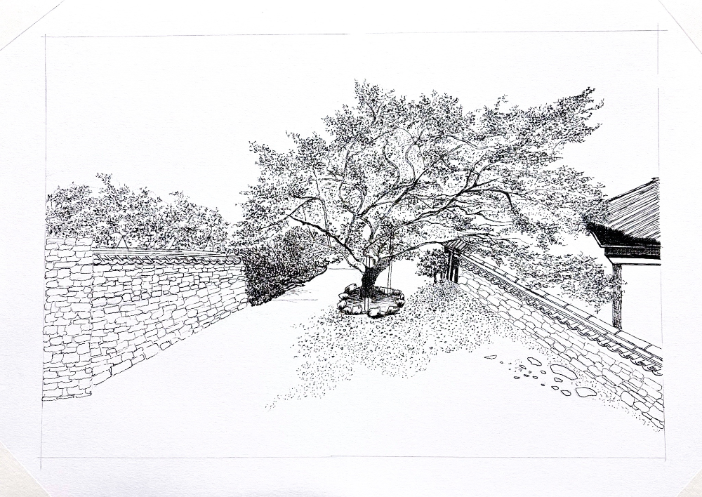 landscape-drawing-tip-3. 중앙 고목나무에 시각적 초점을 맞추고 주변 돌담과 마당 하늘을 여백으로 남겨둔 절제의 미학이 돋보이는 펜 드로잉