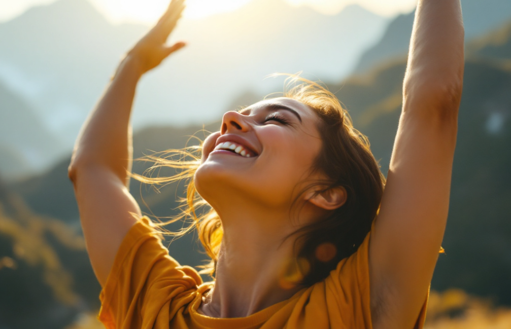산에서 두팔을 벌리고 행복함을 만끽하는 여성