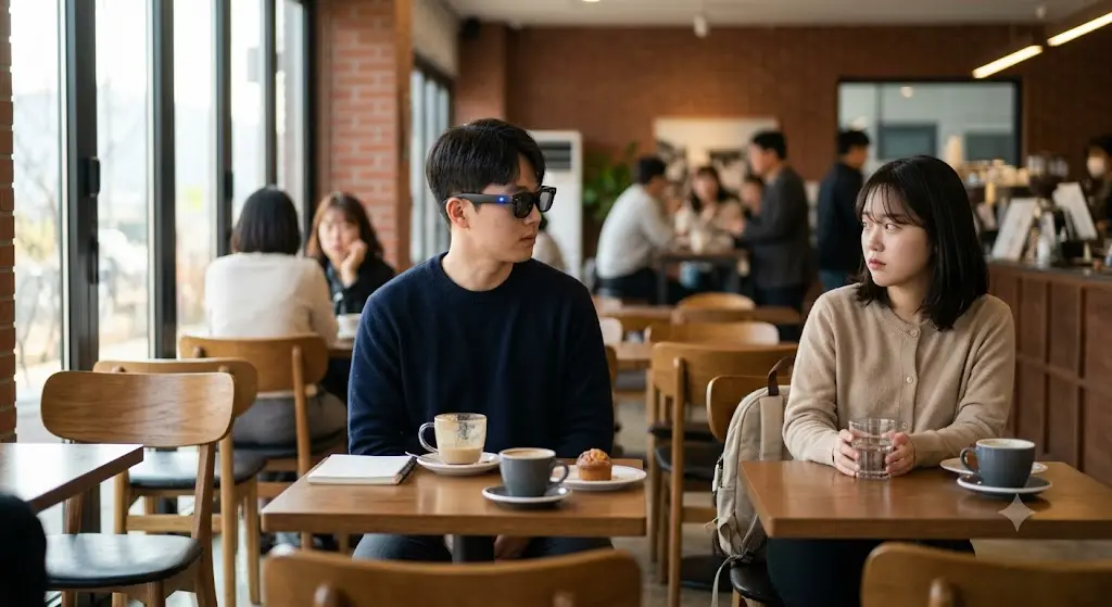 카페에서 스마트 안경 쓴 사람 옆에 앉은 여성이 경계하는 모습