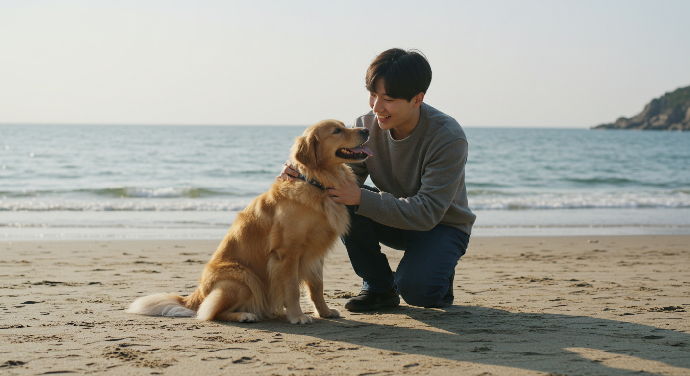 강원도 해변에서 반려견과 함께 즐거운 시간을 보내는 한국인