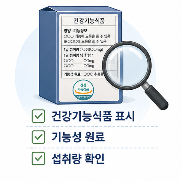 건강기능식품 표시·기능성 원료·섭취량을 제품 포장에서 확인하는 모습