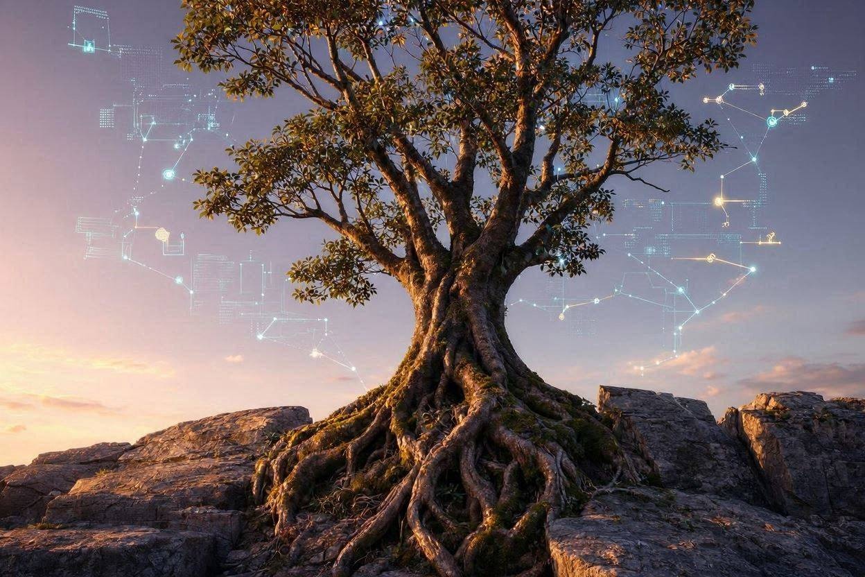 A massive tree with deep roots growing through stone, reaching towards digital constellations.