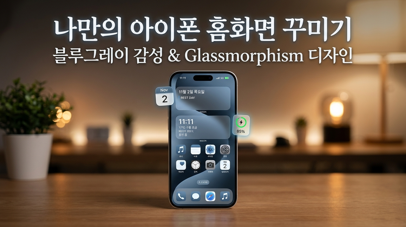"블루-그레이 톤의 깔끔하고 세련된 아이폰 위젯 홈 화면 레이아웃 디자인
2"