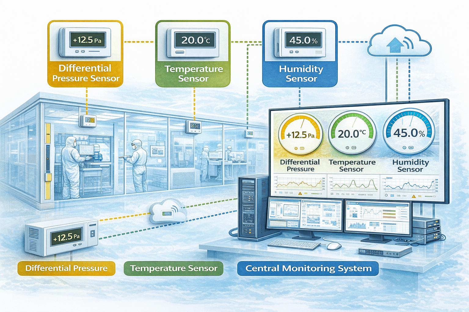 클린룸 차압&middot;온도&middot;습도 모니터링 상황실 이해 그림 입니다