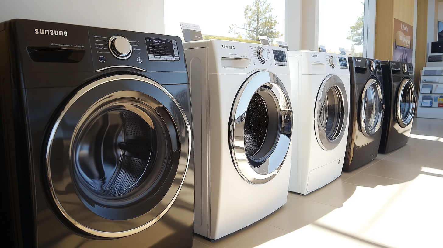 밝고 세부적인 쇼룸에서 삼성, LG, 루컴즈 세탁기가 나란히 전시된 최신 통돌이 세탁기 비교 장면.