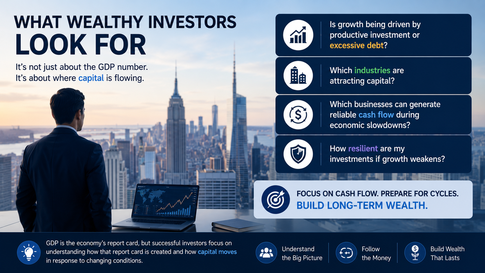 Wealthy investor analyzing capital flows and long term investment opportunities