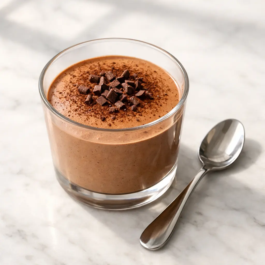 초코우유 무스 컵 디저트 완성 사진 - 투명 유리컵에 담긴 크리미한 초콜릿 무스