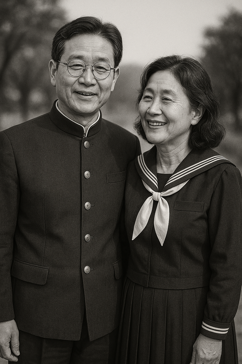 추억의 교복 입은 50대 커플을 흑백사진 스타일로 만들어줘