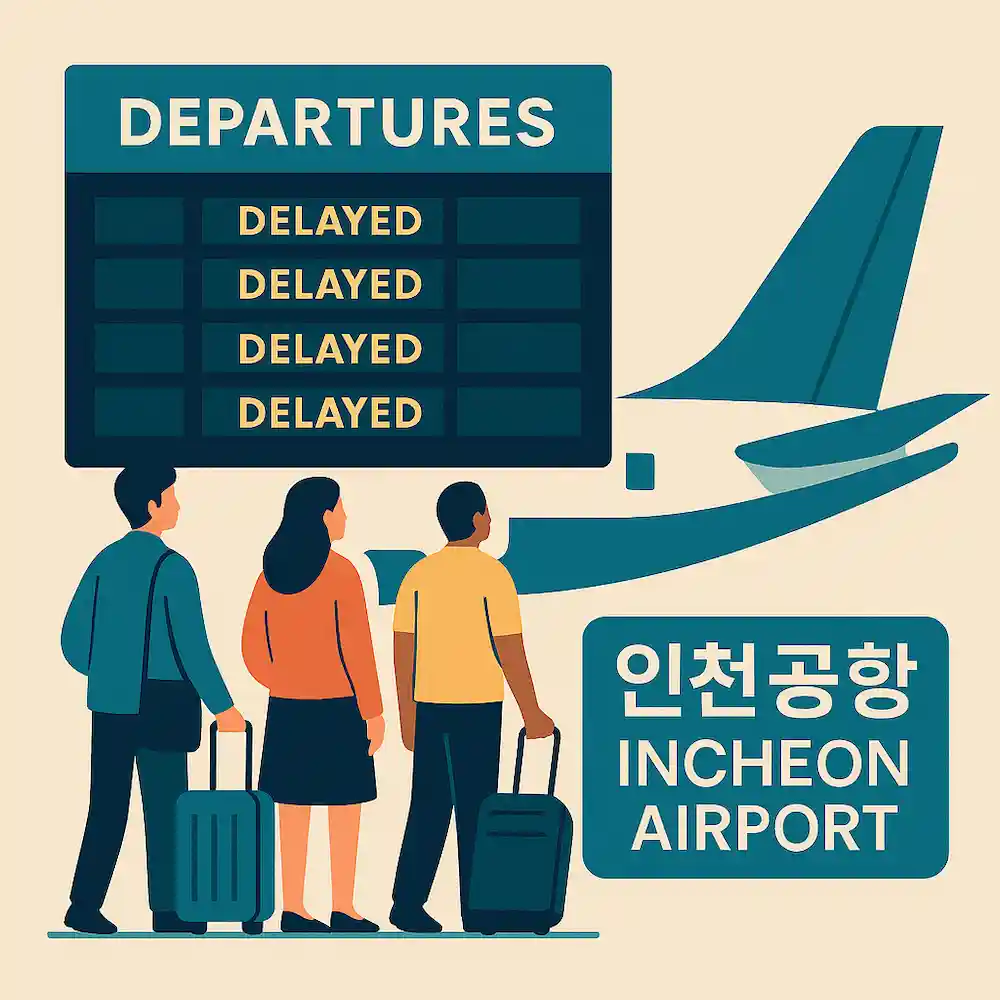 추석 연휴 인천공항 파업 총정리 썸네일: 경고 표지와 파업 피켓, 대기 줄 선 승객, 항공편 지연을 알리는 전광판 아이콘