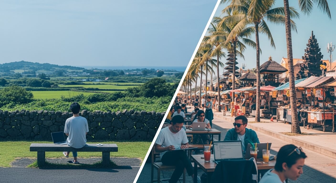 제주 한 달 살기와 동남아 워케이션의 장단점을 시각적으로 비교하는 분할 이미지. 한쪽은 제주도의 푸른 자연과 돌담, 다른 한쪽은 동남아의 열대 풍경과 코워킹 카페의 활기찬 모습을 담고 있다.