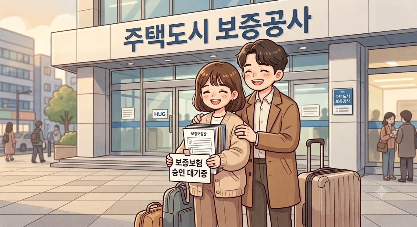 전세보증금 반환보증을 신청하려고 주택도시보증공사에 방문하는 신혼부부를 표현한 이미지