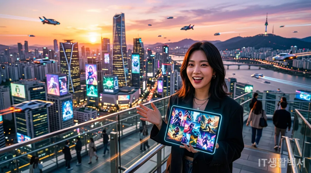 미래 도시를 배경으로 AI 이미지의 가능성을 설명하는 한국인 크리에이터