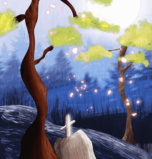 무덤에 하얀 십자가가 있다. 주변엔 높은 나무들이 있고 밤하늘에 별빛이 빛난다.