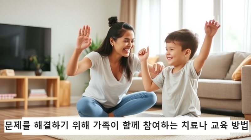 부모와 자녀가 거실에서 함께 운동하는 모습