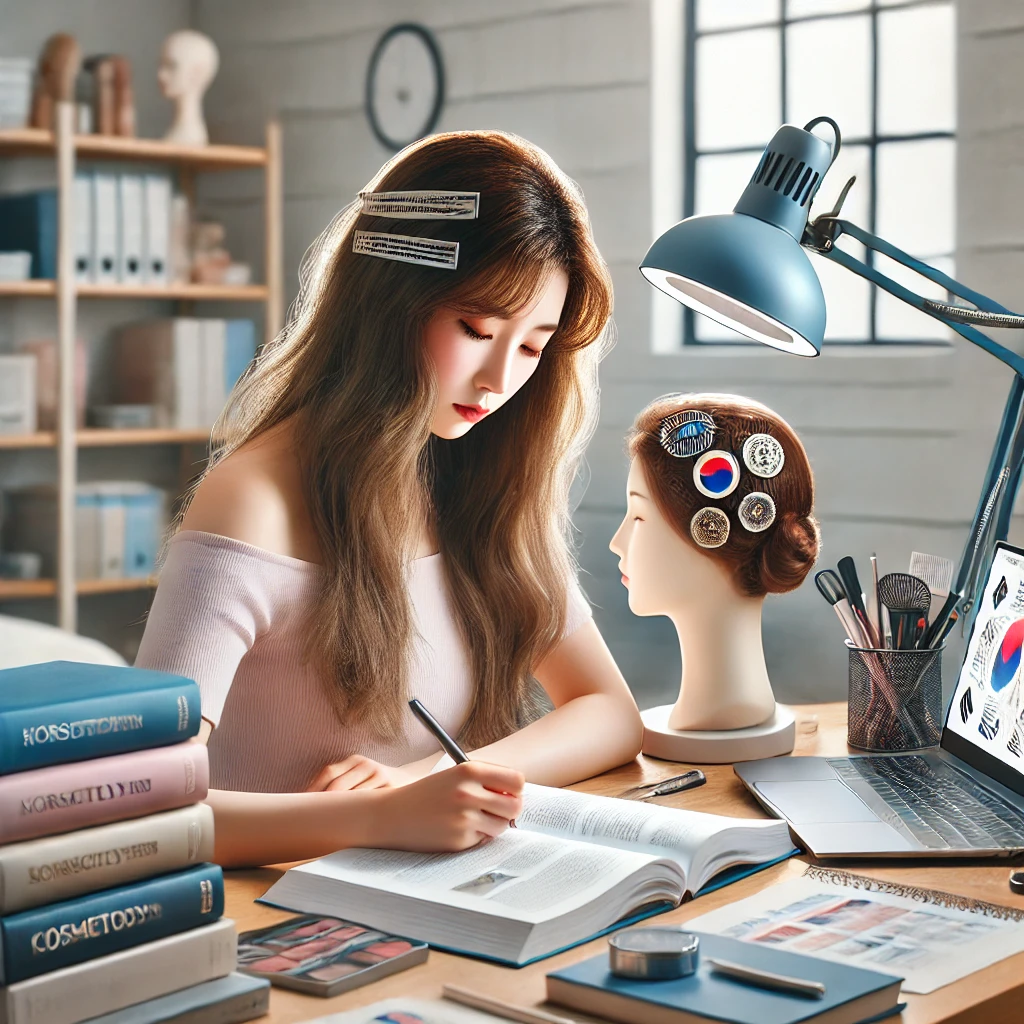 미용사가 책상에서 필기 시험 준비를 위해 교과서와 노트북을 활용해 학습하는 장면. 정돈된 방과 집중된 분위기가 돋보임