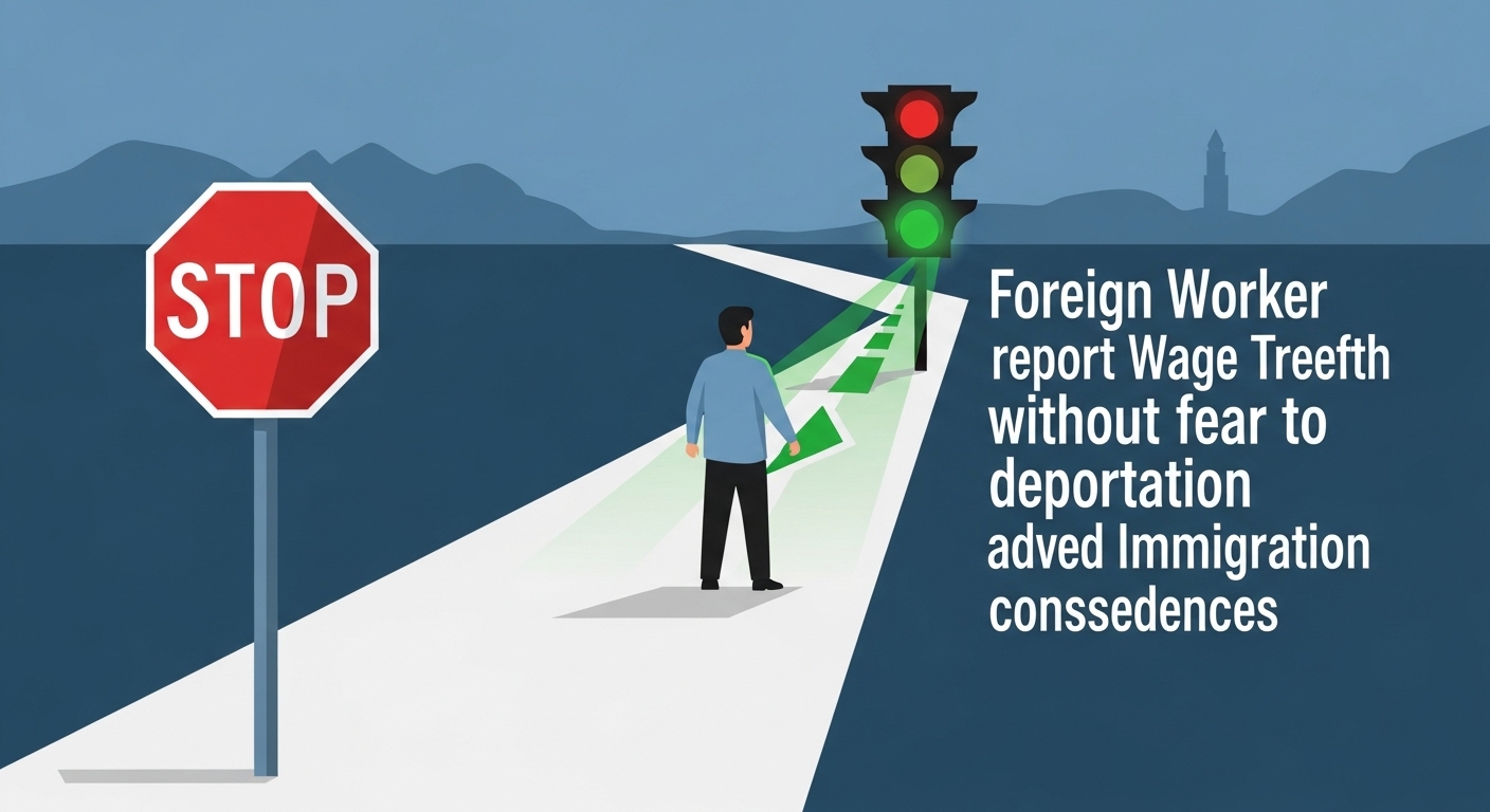 외국인 근로자가 불법체류 우려 없이 임금체불을 신고할 수 있는 열린 길을 시각적으로 표현한 이미지.