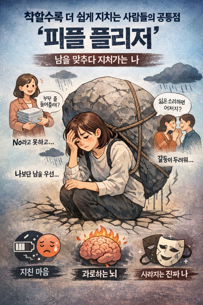 착할수록 더 쉽게 지치는 사람들의 공통점인 피플 플리저를 표현한 일러스트, 무거운 돌을 짊어진 채 지친 표정의 인물과 &lsquo;남을 맞추다 지쳐가는 나&rsquo;라는 메시지가 담긴 이미지