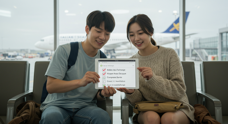 여행 준비 체크리스트를 확인하며 만족해하는 젊은 남녀