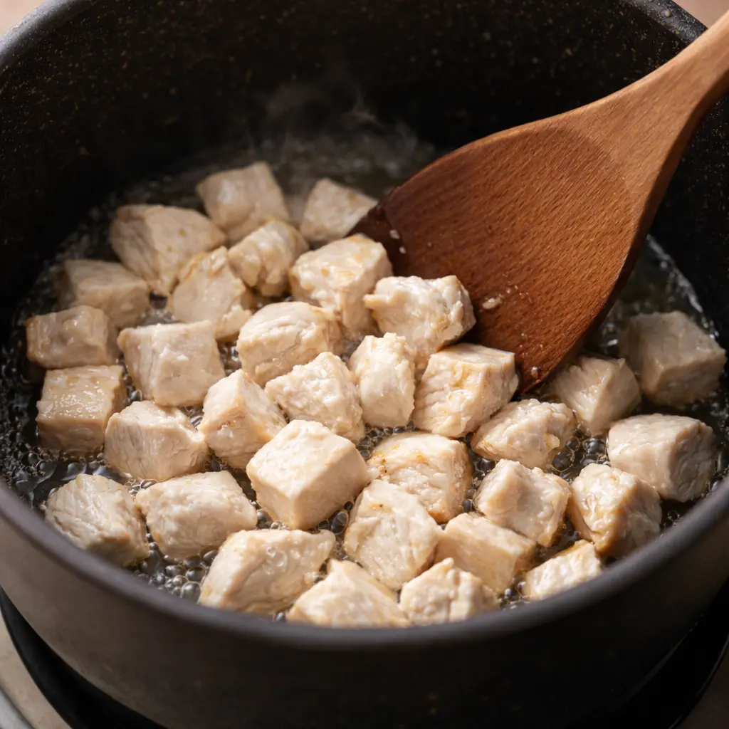 중불로 달군 냄비에서 닭가슴살을 3분 볶아 겉면이 하얗게 변한 상태, 한 냄비 조리 과정