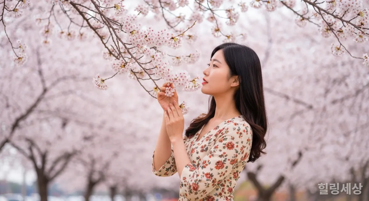 벚꽃 나무 아래에서 자연스럽게 포즈를 취하고 있는 젊은 한국 여성