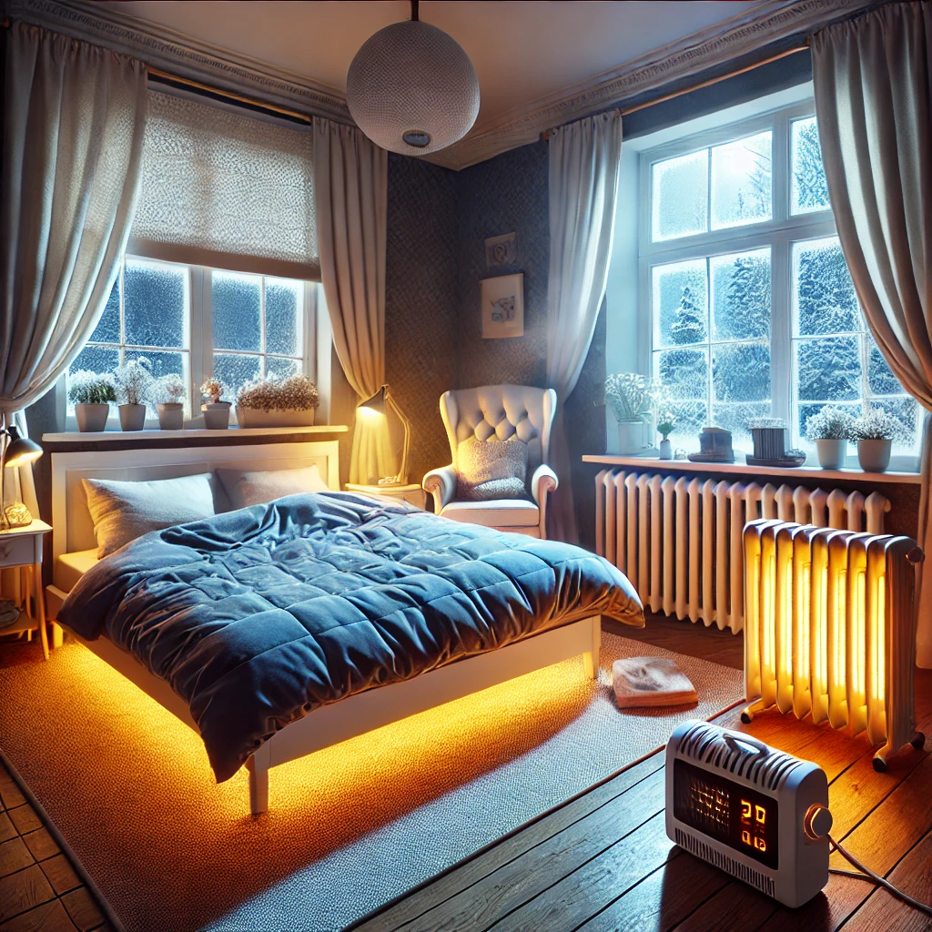 침대 위에는 전기장판이 깔려 있고, 창가에는 휴대용 라디에이터가 따뜻한 열을 발산하며, 독서용 의자 옆에는 세라믹 히터가 배치되어 있음. 창문에는 단열 필름이 붙어 있으며, 두꺼운 커튼이 열 손실을 줄이는 역할을 함
