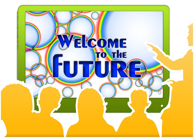 미래로 오는것을 환영한다고 써있는 교실에서 수업