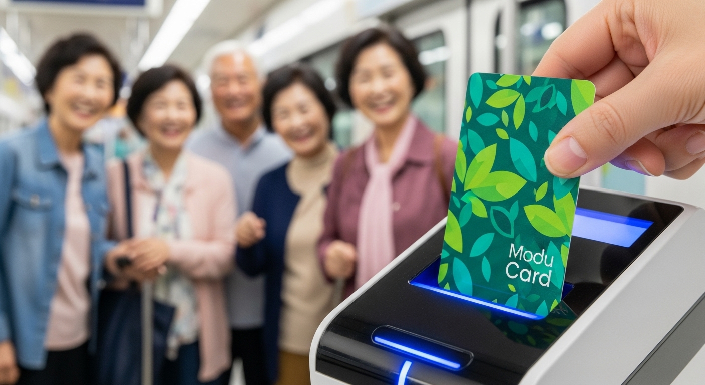 현대적인 지하철 카드 리더기에 '모두의 카드'를 태그하는 모습, 시니어들이 편리하게 대중교통을 이용하는 장면을 배경으로 함.