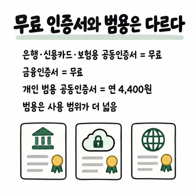 무료 은행·신용카드·보험 공동인증서와 무료 금융인증서, 연 4,400원 개인 범용 공동인증서의 차이를 비교한 카드