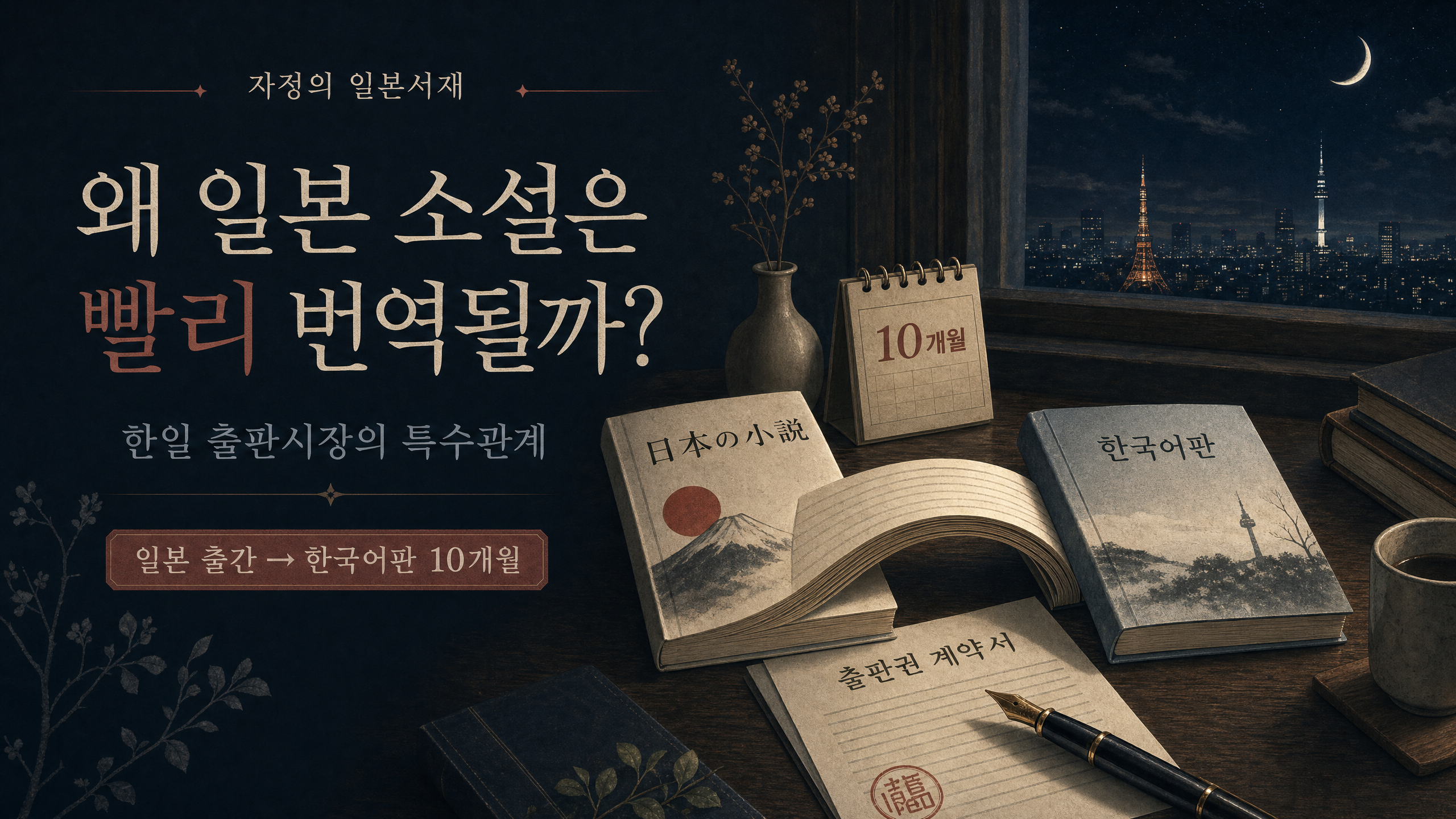 밤하늘과 도쿄 타워&middot;남산타워 배경 위에 놓인 일본 원서와 한국어판 도서, 출판권 계약서 일러스트. 텍스트: 자정의 일본서재, 왜 일본 소설은 빨리 번역될까? 한일 출판시장의 특수관계, 일본 출간 후 한국어판 10개월.