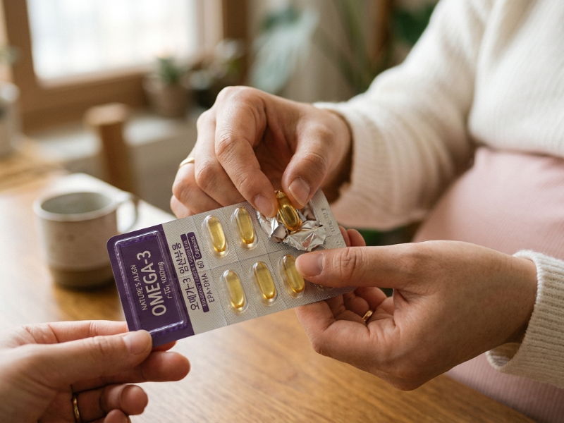 산소 차단을 위해 PTP 개별 포장된 임산부 오메가3를 꺼내는 모습