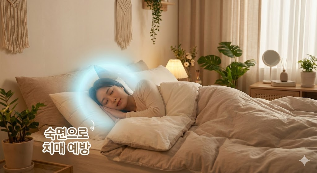 아늑하고 쾌적한 침실에서 편안하게 숙면을 취하고 있는 사람과 주변의 맑은 에너지 기운