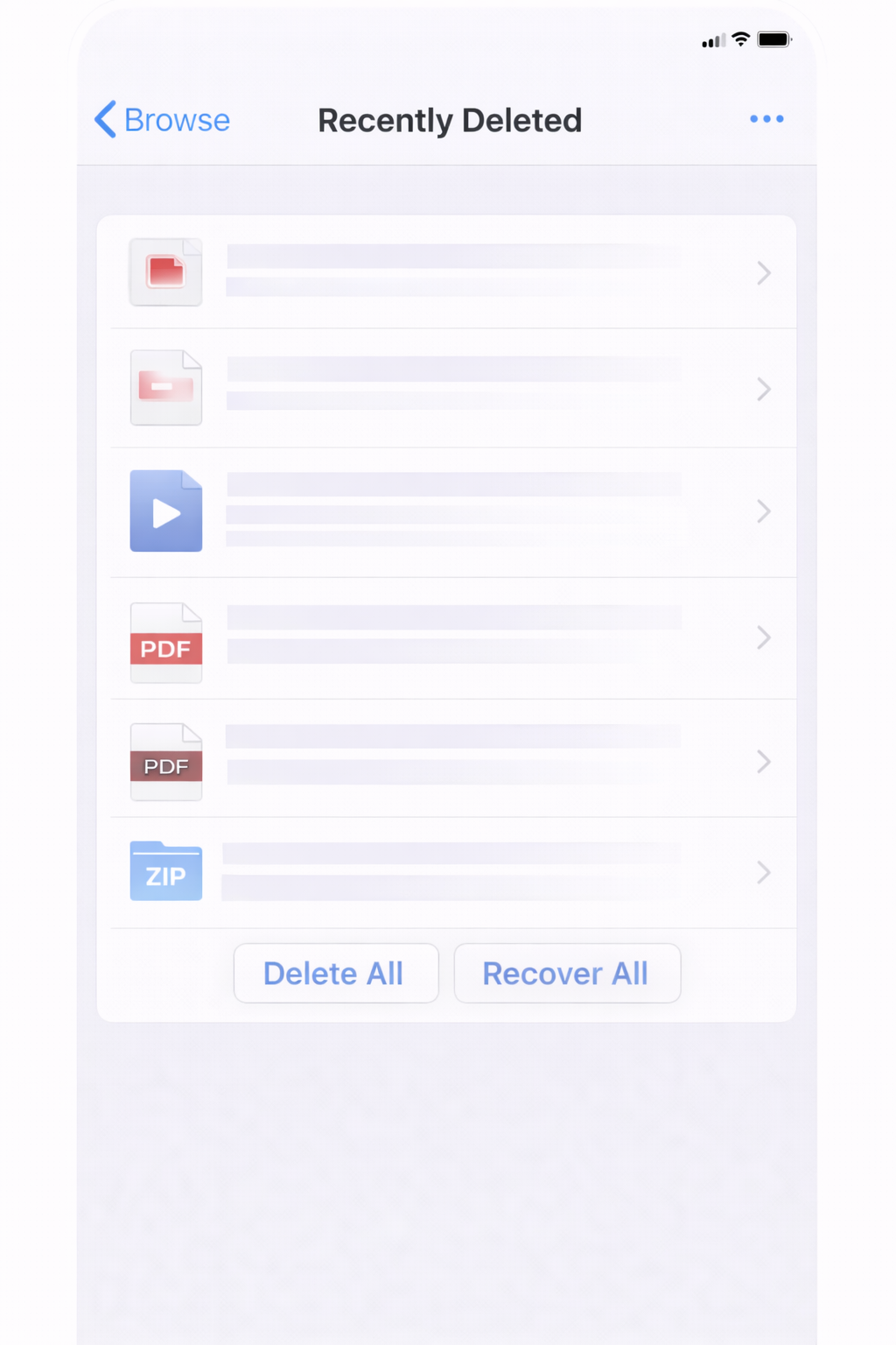 아이폰 파일 앱의 최근 삭제된 항목 화면에서 삭제된 파일 목록과 모두 삭제 옵션이 보이는 상태 설명 이미지