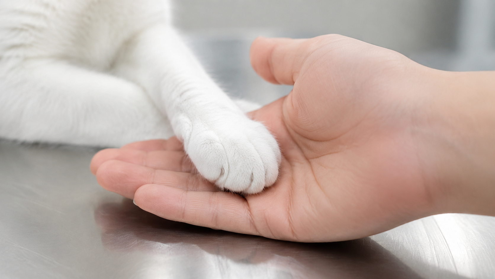 동물병원 진료대 위에 놓인 흰 고양이 발과 보호자의 손
