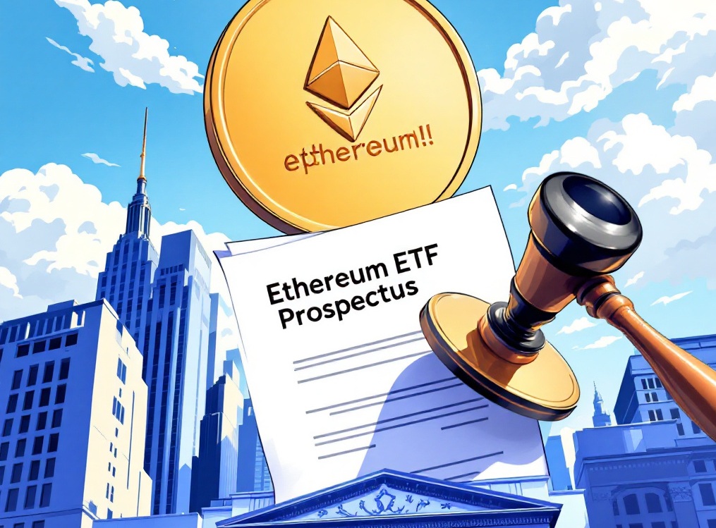 이더리움 ETF 관련 서류와 금색 코인이 미국 증권거래소 건물 위에 놓인 삽화
