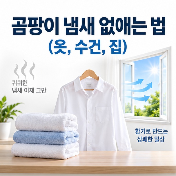 곰팡이 냄새 없애는 법(옷, 수건, 집)이라는 제목과 옷, 수건, 집 안 환기를 상징하는 대표 이미지