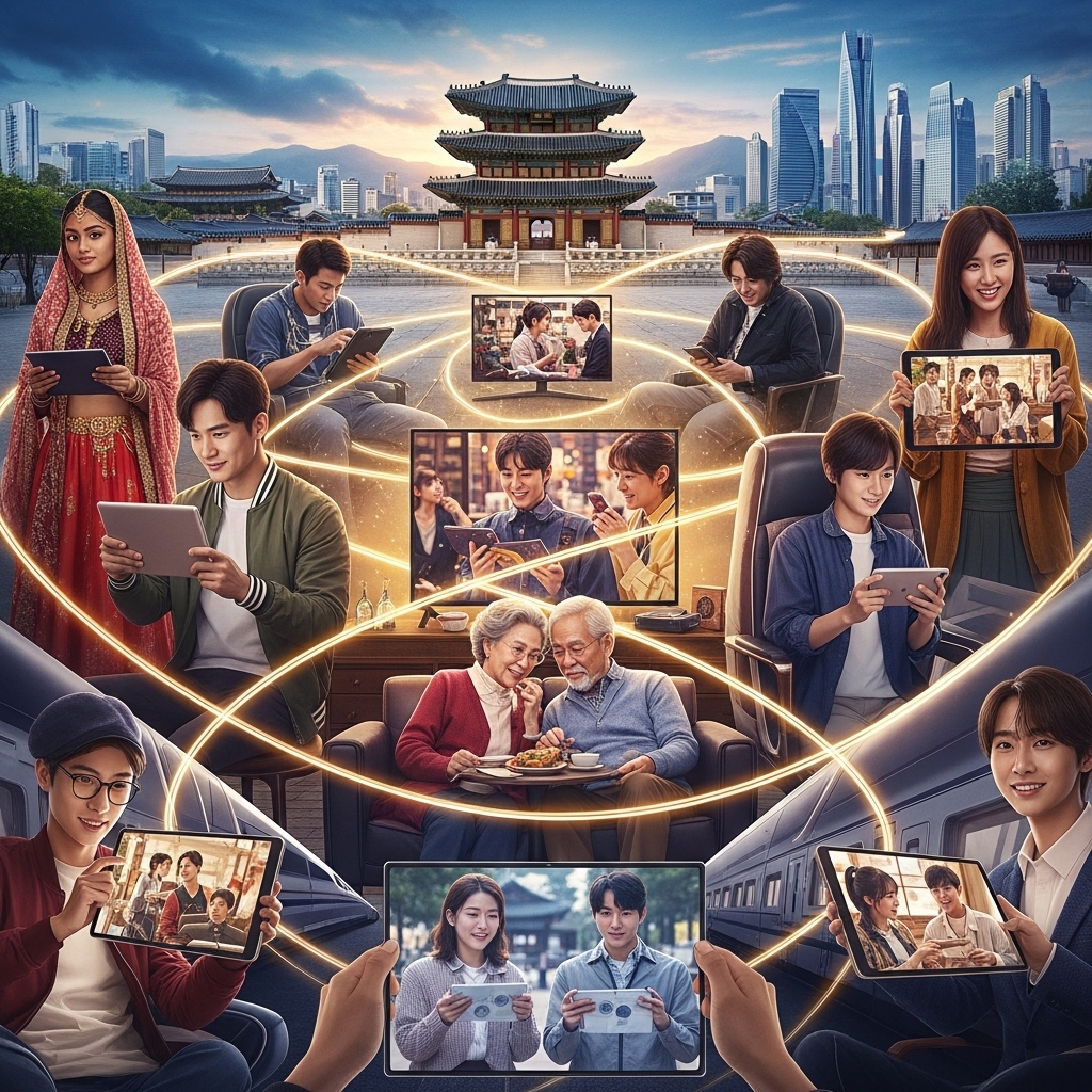 2025년, 넷플릭스와 디즈니+를 넘어 글로벌 시청자를 사로잡는 K-드라마 제작사들의 혁신적인 미래를 상징하는 이미지.