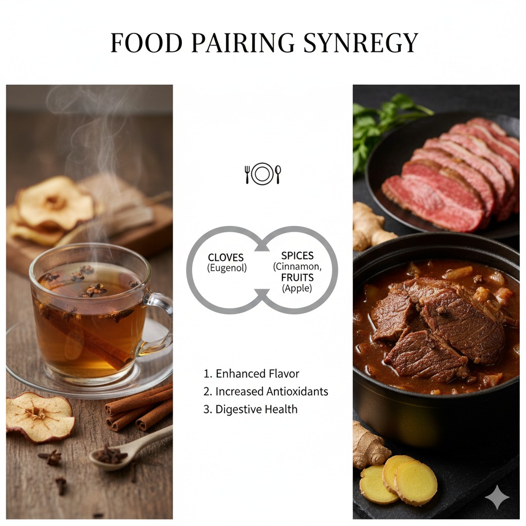 A glass of herbal tea containing cloves, cinnamon sticks, and sliced apples on a wooden table.