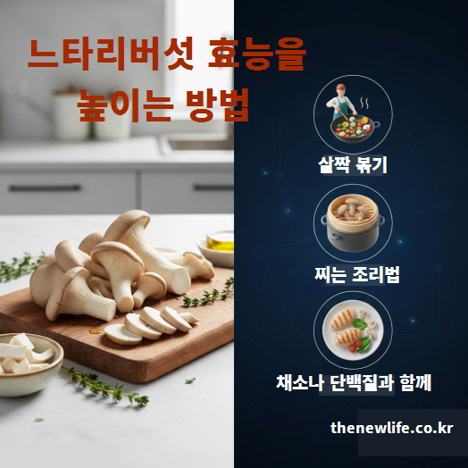 느타리버섯 효능을 높여주는 올바른 조리법과 섭취 습관을 설명하는 인포그래픽 이미지.